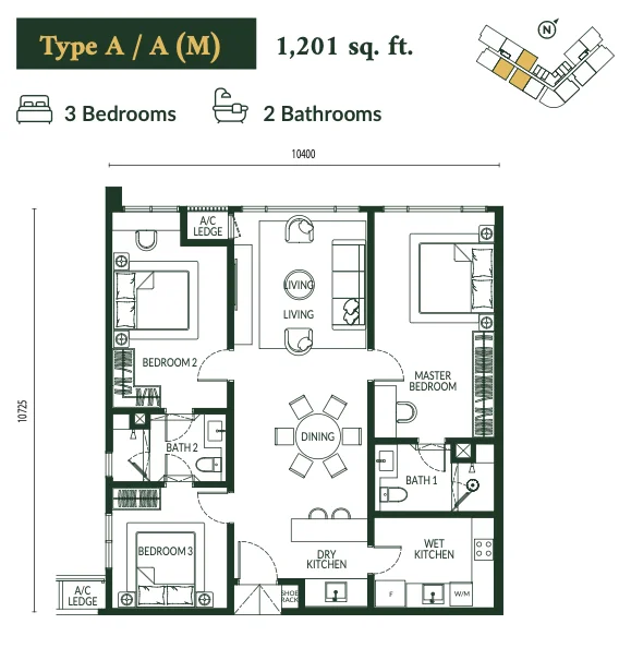 Park Green Type A floor plan, 3 bedroom 1201 sqft