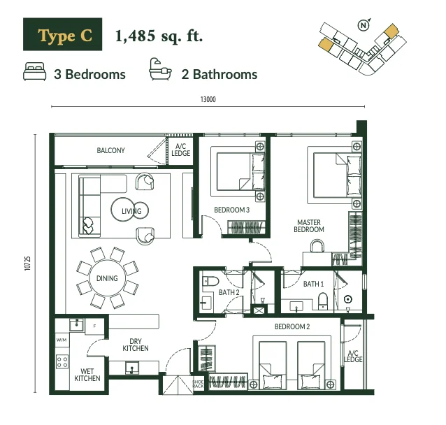 Park Green Type C floor plan, 3 bedroom 1485 sqft